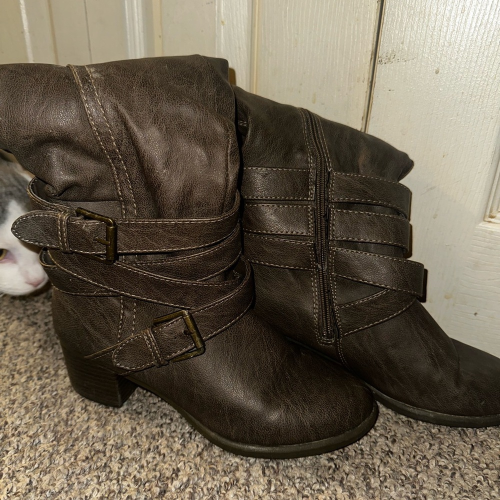 Dark Brown Heeled Boots with Buckle